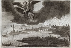 Royaumont Bible, Det Nye Testamente: Babylons ruin. Babylon i brand, en engel kaster en sten mod havet, hvilket symboliserer ødelæggelsen af denne by under åbenbaringen. Illustration fra 1811. af Unknown artist