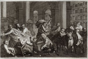 Royaumont Bible, Det Nye Testamente: Sælgere jager fra templet. Jesus Kristus driver dem bort fra templet, som vanhelligede ham ved den trafik, de drev der. Illustration fra 1811. af Unknown artist