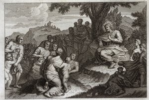 Royaumont Bibelen, Det Nye Testamente: Prædiken på bjerget. Jesus Kristus udvælger tolv apotere af sine disciple og fremfører for dem og for et stort folk prædikenen, som normalt kaldes bjergprædikenen. Illustration fra 1811. af Unknown artist