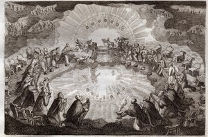 Royaumont Bible, Det Nye Testamente: Syv segl af bogen åbnet af Lammet. De fireogtyve ældste lægger sig ned foran tronen omgivet af en løve, en okse, en mand og en ørn (tetramorf) og syv lamper. Illustration fra 1811. af Unknown artist