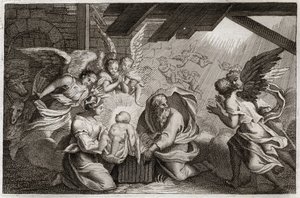 Royaumont Bible, Det Nye Testamente: Fødselen. Jesus Kristus blev født af den hellige jomfru Maria i en stald i Bethleem. Illustration fra 1811. af Unknown artist