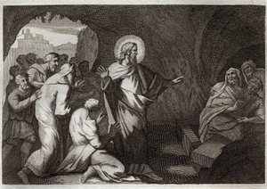 Royaumont Bible, Det Nye Testamente: Lazarus opstandelse af Jesus Kristus. Illustration fra 1811. af Unknown artist