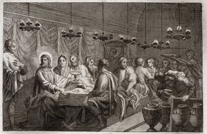 Royaumont Bible, Det Nye Testamente: Brylluppet i Kana. Jesu Kristi første mirakel, der ændrede vand til vin. Illustration fra 1811. af Unknown artist
