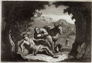 Royaumont Bible, Det Nye Testamente: Lignelsen om den barmhjertige samaritaner. Samaritaneren standsede på vej for at redde den nødstedte mand. Illustration fra 1811. af Unknown artist