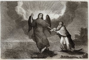 Royaumont Bibelen, Det Nye Testamente: Sankt Johannes syn. Vision of the Angel med en åben bog giver Saint John at fortære ham. Illustration fra 1811. af Unknown artist