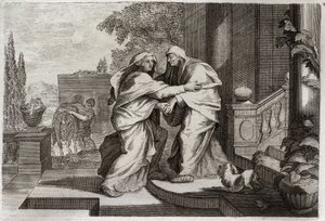 Royaumont Bibelen, Det Nye Testamente: Besøg. Den Hellige Jomfru Maria besøger sin kusine Elisabeth. Illustration fra 1811. af Unknown artist