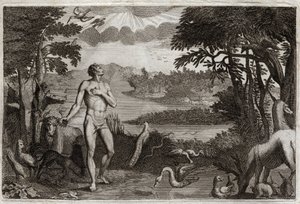 Royaumont Bibelen, Det Gamle Testamente: Skabelsen af mand og kvinde. Gud, som skabte mennesket, sætter det i det jordiske paradis, og forbyder det at spise af frugten fra træet til kundskab om godt og ondt. Illustration fra 1811. af Unknown artist