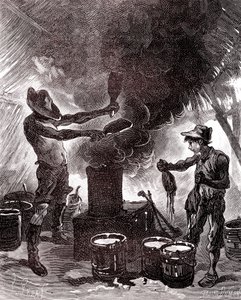 Gummiforberedelse eller vulkanisering i Brasiliens skov af Unknown artist