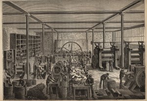 Gummi: gummifabrik. Indgravering fra 1885 i "" Les arts et metiers illustres"" af Adolphe BITARD. af Unknown artist