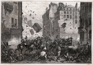 Rue Saint-Antoine under Trois-Glorieuses (juli 1830) - Revolution af 1830 Barrikadekampe på Rue Saint-Antoine (Saint Antoine) i 1830 af Unknown artist