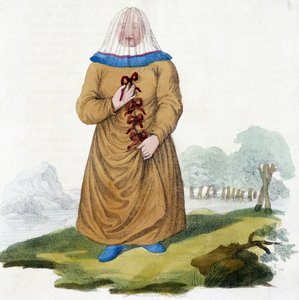 Russisk kvinde af en Ostiak-stamme i traditionel dragt (Khanty eller Khante: Paleosibiriske jægere, etableret i skovområdet i den midterste Ob-dal). af Unknown artist