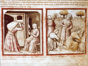 Ruth og Noemi (Naomi, Noemie) arbejder i felterne Boaz (Booz) Miniature fra codex 212 (eller padovano codex eller Bible of Padua) 1390-1400 Rovigo, Accademia dei Concordi af Unknown artist