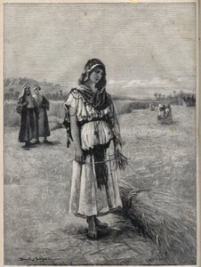 Ruth arbejder på Boaz (Booz) felt (Ruth og Boaz) - gravering fra maleriet af Druch-hajos af Unknown artist