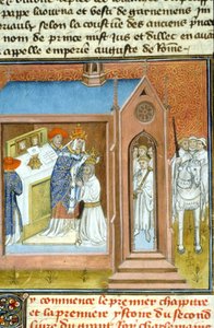 Hellig (kroning) af Karl den Store (742 - 814) i 800 af pave Leo III. - Belysning af manuskript fra middelalderen (ref. 512, 089v) Anmod om tilladelse fra det kommunale bibliotek i Toulouse (tlf.: 05 62 27 66 66) af Unknown artist