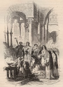 Sejlads af Saint Cunegonde af Luxembourg (ca. 975-1033/1039) i 1024, overdraget af festen af Paderborn Meinwerk (ca. 975-1036) i benediktinerklosteret Kaufungen i Tyskland. Stik fra 1868 i "Histoire de Belgique fra primitiv tid til den af Unknown artist