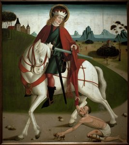 Sankt Martin og tiggeren. Han skar sin frakke for at give den til en tigger. anonymt maleri, omkring 1490. Magyar Nemzeti Galleria, Budapest, Ungarn. af Unknown artist