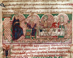 Saint Maur (512-584) grundlægger af klostret Flanfeuil (Saint Maur) i Anjou modtages ved bordet hos Gaidulfe af Ravenna, munkenes forfølger, og straffer ham Miniature fra Saint Maurs liv og mirakler” (ms 2273) 1100-1140 Kommunebibliotek af Unknown artist