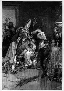 Saint Nicholas (Saint Nicholas) festival i Lorraine, der bringer legetøj til børn. Han er ledsaget af compere Djævelen, der bringer ham yards. Gravering i "" Le Monde Illustré"" af Unknown artist