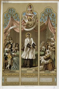 Saint Vincent de Paul etablerede værket af Enfants Found - ifølge farvet glas 18. (?). af Unknown artist