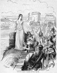 Sainte Geneviève, organiserer forsvaret af Paris mod horderne af Attila og beroliger folket i Paris - i "Histoire de France"" af Anquetil af Unknown artist