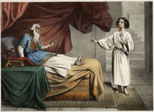 Samuel, som hører Herrens stemme kalde på ham midt om natten, tror, at dette er hans mentor, ypperstepræsten Eli (Heli). Anonym stik fra midten af 1800-tallet. af Unknown artist