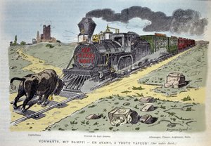 Satirisk allegorisk vignet: kapitalismens tyresymbol forsøger at stoppe arbejdsreformens tog. Hver vogn er designet til et land: Tyskland, Frankrig, England, Italien 1897 af Unknown artist
