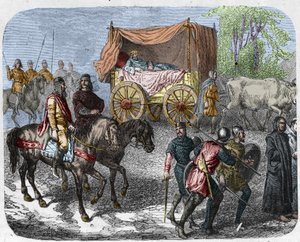 Scene, der forestiller de dovne konger: Kongen af Frankrig Thierry III (673-691) bærer i en tank med en seng trukket af okser. af Unknown artist