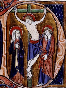 Korsfæstelsesscene i et brevpapir (bogstav D). Miniature i "" Speculum historiale"" af Vincent De Beauvais (1100-tallet) af Unknown artist