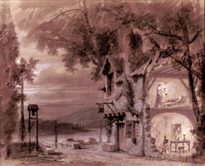 Scenografi af Philippe Chaperon til operaen "" Rigoletto"" af den italienske komponist Giuseppe Verdi (1813-1901) til opførelsen i Paris Opera af Unknown artist