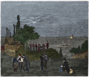 Videnskabeligt eksperiment: beregning af lydens hastighed, af Humboldt, Louis-Joseph Gay-Lussac (Louis Joseph Gay-Lussac), Bouvard, Prony og Mathieu, som bestemmer den tid, der går mellem perceptionen af lys og det af et pistolskud, om natten af Unknown artist