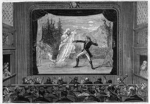 Videnskabelige viser: levende spektre. Oplev spektrene på teaterscenen. En komiker bekæmper et spøgelse. Gravering i ""La Nature"" af Unknown artist