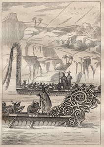 Anden rejse (1772-1775) af kaptajn James Cook (1728-1779): Neo-Zelandans krigskanoer (Neo Zelandaises) - illustration taget fra "" The Great Mariners of the 18th century"" af Unknown artist