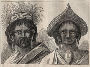 Anden rejse (1772-1775) af kaptajn James Cook (1728-1779): mand og kvinde på Påskeøen - illustration fra "The Great Mariners of the 18th century"" af Unknown artist