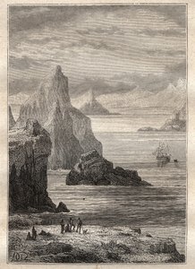 Anden rejse (1772-1775) af kaptajn James Cook (1728-1779): udsigt over Noel-kanalen, Terre de Fuego - illustration taget fra "The Great Mariners of the 18th century"" af Unknown artist