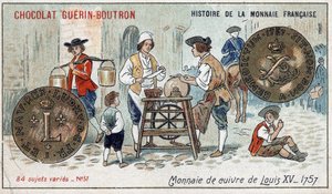 Serien History of the French Currency udgivet af Chocolat Guérin Boutron. 1800-tallets kromolitografi. Kobbermønt af Louis XV i 1757 af Unknown artist