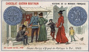 Serien History of the French Currency udgivet af Chocolat Guérin Boutron. 1800-tallets kromolitografi. Sølv denier af Philippe le Bel i 1285 af Unknown artist