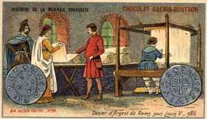 Serien History of the French Currency udgivet af Chocolat Guérin Boutron. 1800-tallets kromolitografi. The Silver Denier of Reims under Louis V. i 986 af Unknown artist