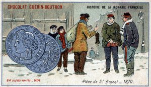 Serien History of the French Currency udgivet af Chocolat Guérin Boutron. 1800-tallets kromolitografi. 5 franc sølvmønt i 1870 af Unknown artist