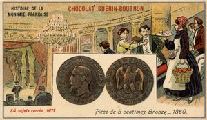 Serien History of the French Currency udgivet af Chocolat Guérin Boutron. 1800-tallets kromolitografi. 5 cents bronzemønt i 1860. Napoleon III. af Unknown artist