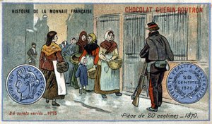 Serien History of the French Currency udgivet af Chocolat Guérin Boutron. 1800-tallets kromolitografi. 20 centimes mønt i 1870 af Unknown artist