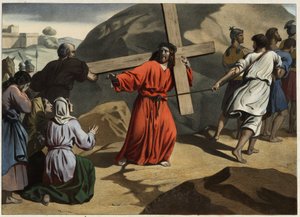 Hun klatrede til Golgata: Jesus bar sit kors trøste Jerusalems døtre. Anonym stik fra midten af 1800-tallet. af Unknown artist