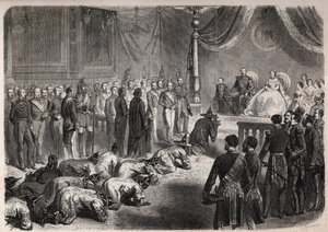 Siam-ambassadører kravler mod den franske imperiale familie under en højtidelig audiens i Fontainebleau i nærværelse af Napoleon III (1808-1873), Eugenie (Eugenia de Montijo) af Unknown artist