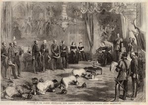 Siam-ambassadører kravlede til dronning Victoria Iere (1819-1901) og prins Albert (1819-1861) under deres besøg på Windsor Castle. Indgravering i ""The illustrated London News"" af 5. december 1857. af Unknown artist