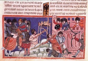Belejring af en befæstet by. Miniature fra en kodeks om Jules Cesars fakta (101 f.Kr.-44 f.Kr.) Venedig fra det 14. århundrede, Biblioteca marciana af Unknown artist