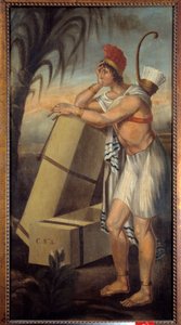 Tegn på tobakshandlere, der repræsenterer en amerikansk indianer, læner sig op af kasser med tobak, der er klar til at blive sendt på skibe, der eksporterer New World-produkter. La Rochelle. New World Museum af Unknown artist