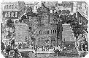 Sikhisme: udsigt over det gyldne tempel (Harmandir Sahib), det kulturelle centrum for sikh-religionen, bassinet og byen Amritsar i staten Indian Panjab (Kongeriget Lahore). I "" Den maleriske butik"" 1836 af Unknown artist
