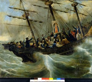 Forlis af et schweizisk emigrantskib. Ex voto fra 1856 fra helligdommen for Madonna del Sasso i Locarno. Maleri tilskrevet Giovanni Antonio Vanoni. af Unknown artist