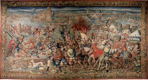 Sjette italienske krig (1521-1526): repræsentation af slaget ved Pavia (Pavia) den 24/02/1525, hvor Francois I besejrede Karl V. Tapestry. Napoli. Capodimonte Nationalmuseum. af Unknown artist