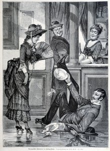 Skøjtescene i et bryggeri. En dreng falder og knækker de plader, han havde på (1883). af Unknown artist