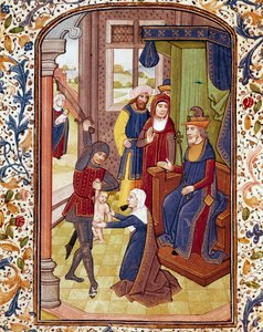 Salomons dom To kvinder foregiver at være mor til det samme barn. Miniature fra et manuskript fra universitetets Coimbra-bibliotek fra det 15. århundrede af Unknown artist